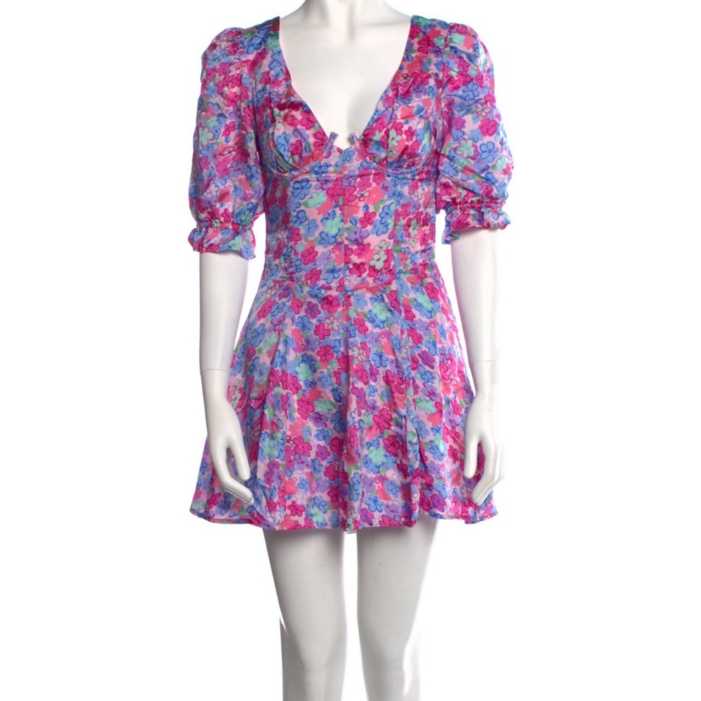 For Love And Lemons Pink and Blue Ruffled Mini Dress